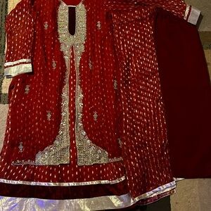 Maroon and silver heavy rhinestone work open jacket front flared kameez & pants